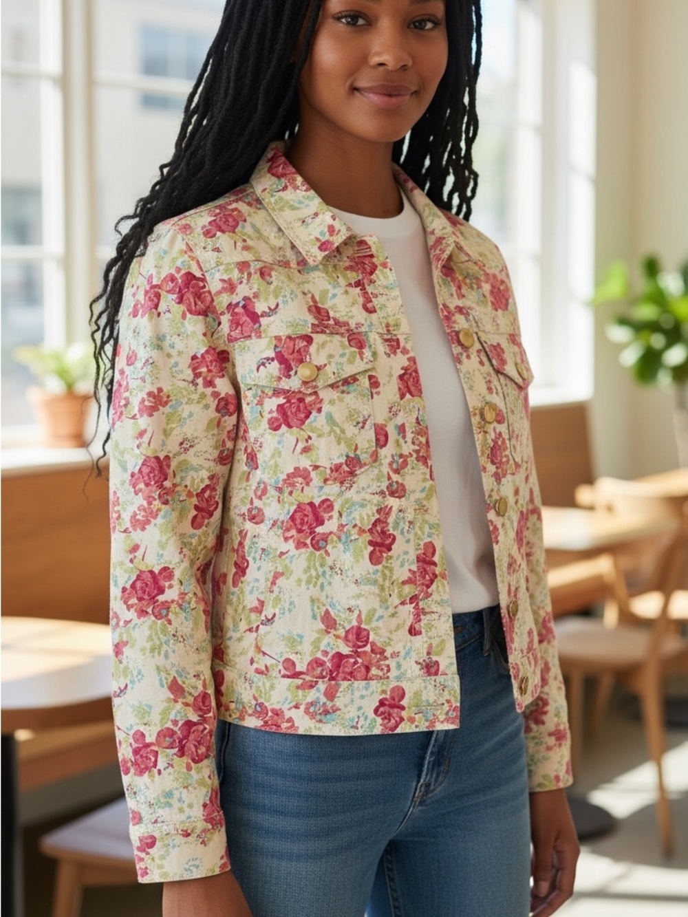 Floral Print Women's Jacket in Cream, Green and Pink